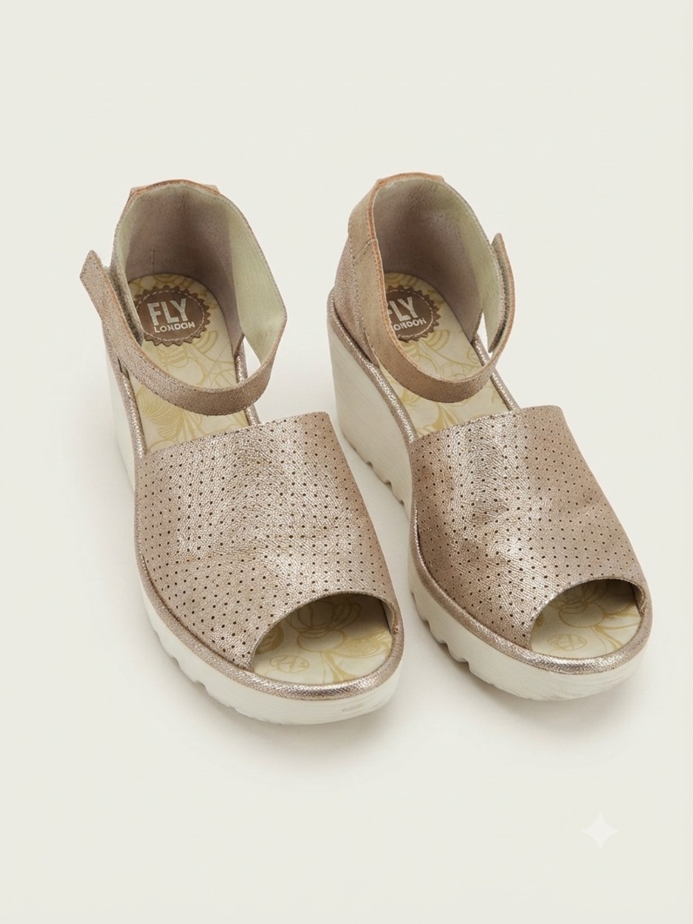 FLY London Metallic Gold Perforated Wedge Sandals “Yake” 39/US 8-8.5